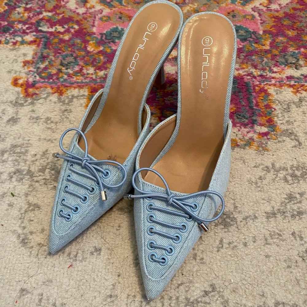 Denim Pointed Toe Lace Up Mule NWOT